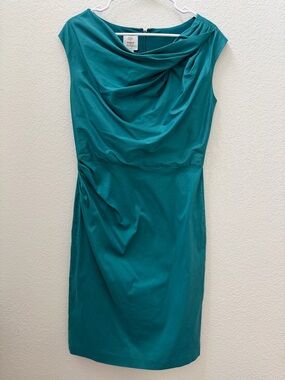 Suzi Chin for Maggy Boutique Teal Draped Knee Length Sheath Dress Size 8